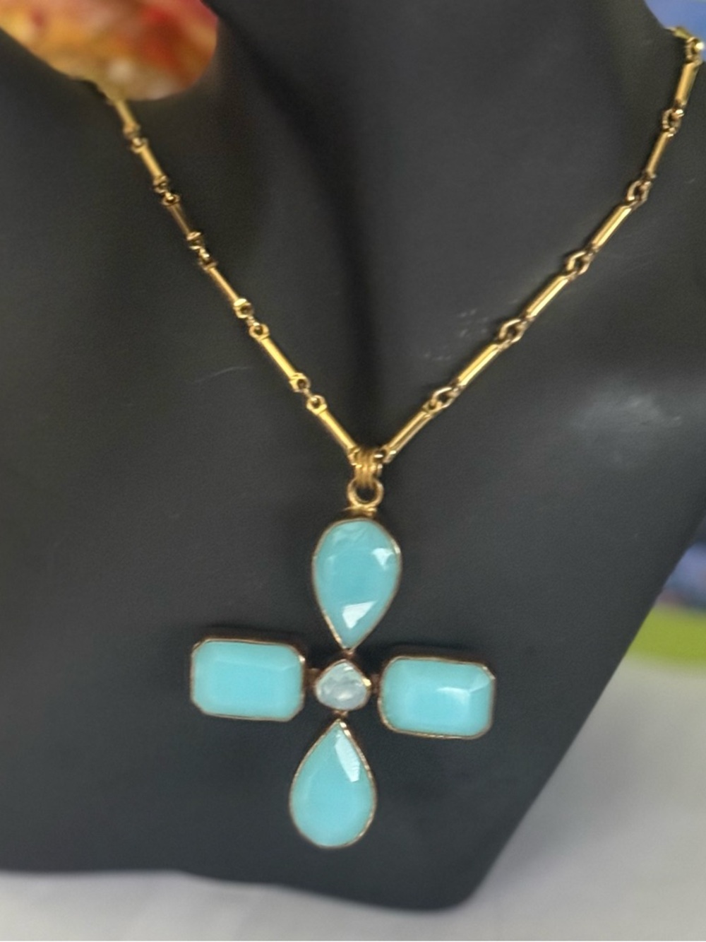 Vintage Gold Tone Aqua Blue Cross Pendant Necklace